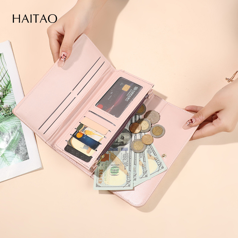 Cartera de moda de mujer de tamaño medio y largo de tres plegados multi-tarjeta empalmado mano de cuero plegable teléfono móvil agarrar bolsa de cremallera