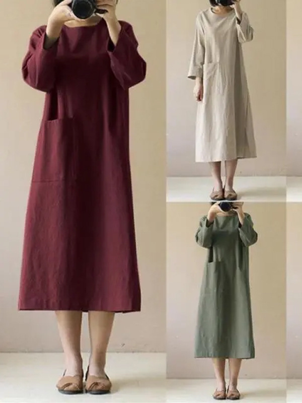 Cross-Border Foreign Trade Nine-Quarter Sleeve Dress with Cotton and Linen Pocket Design, New Versatile Mid-Length Dress for Spring and Autumn