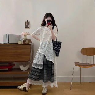 plus size women's chubby girl age-reducing high-end lace irregular shirt black and white plaid skirt suit