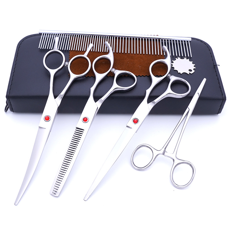 Fabricante de juegos de tijeras para mascotas, tijeras de peluquería canina al por mayor de 7 pulgadas, suministros morados para perros.
