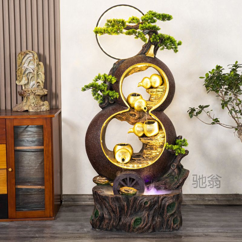 Lotus F Wealth Attracting and Home Protecting Gourd Landscape Ornament for Living Room and Entrance Hall, with Floor Fish Tank, Misty Water Flow Decoration