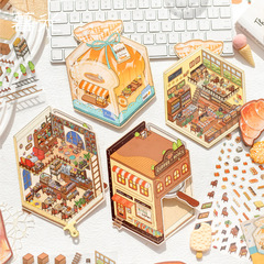 霧雨夕暮れ ミニチュアショップシリーズ 折りたたみ風景ステッカー 3D立体小屋 DIYシーン装飾素材ステッカー
