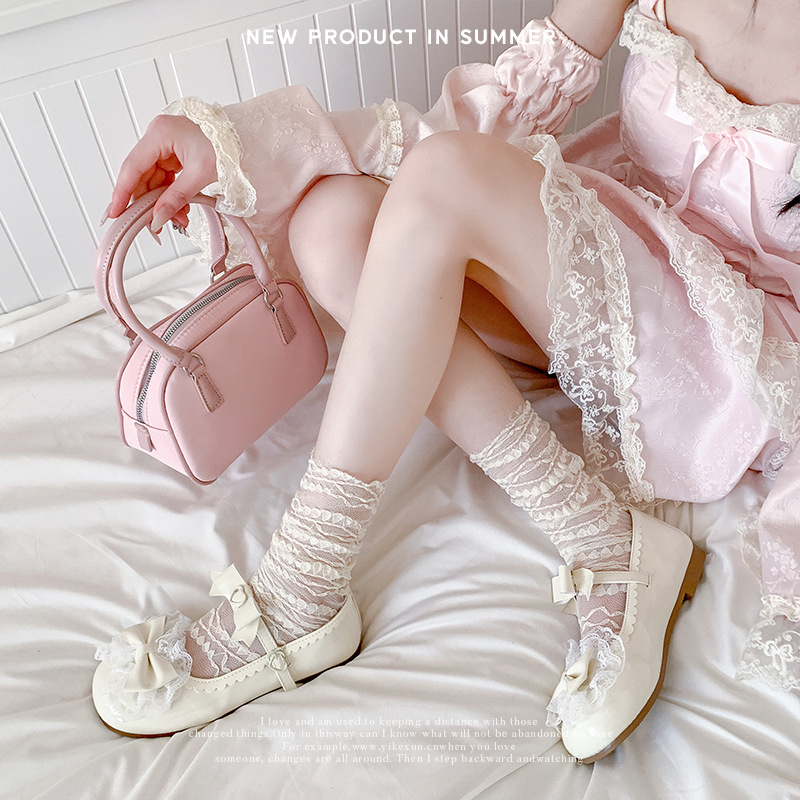 Calcetines de pila de hilo de red para mujer, estilo fino de primavera y verano Lolita encaje jk medias de tubo horizontal, tubo largo de moda de ins blanco japonés