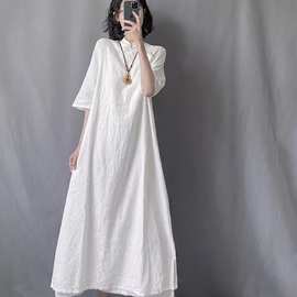 ~中式复古白色斜襟立领盘扣改良旗袍裙女半袖棉麻连衣裙