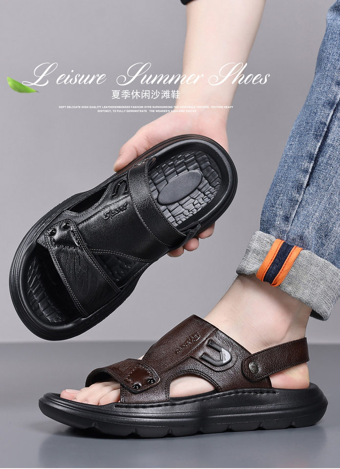 Dép sandal nam da bò lớp đầu hở ngón đế xốp gót 2,5 cm — Màu nâu, màu đen chi tiết 1