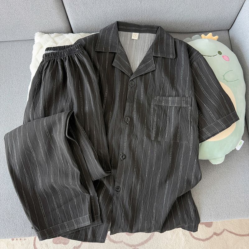 Verano hombre nube algodón corto y largo dos piezas conjunto de pijamas de moda simple con tapa cardigan ropa de hogar se puede usar fuera delgada