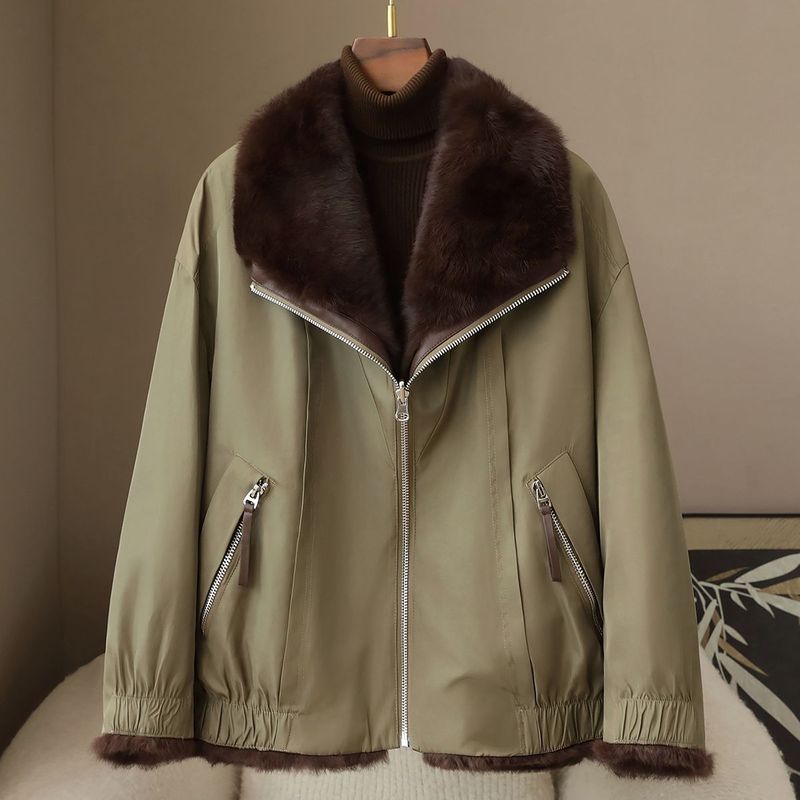 2025 Off-Season Classy Autumn and Winter New Women's Korean Style Casual Rabbit Fur Liner Reversible Nylon Fur Jacket
