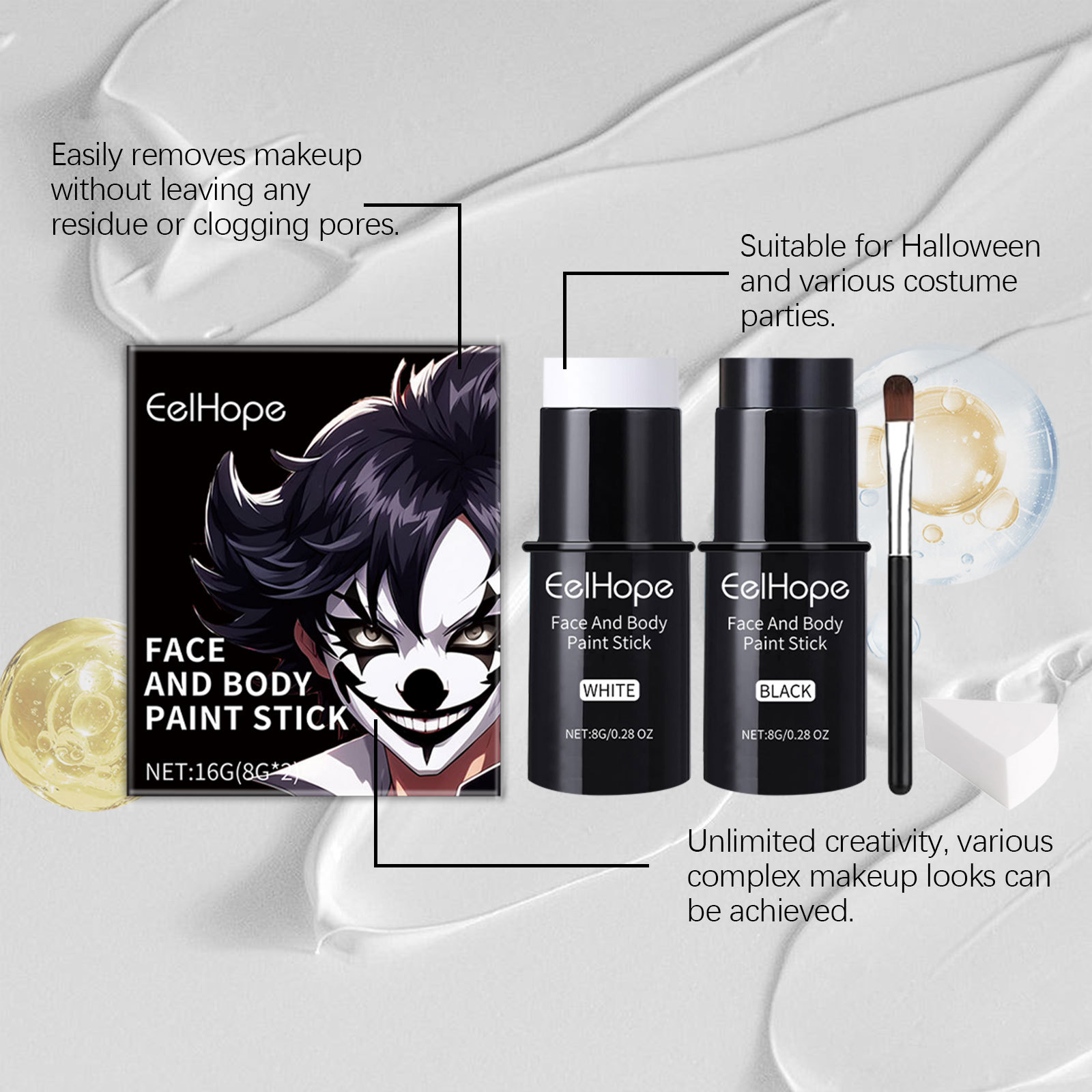 Black  White Face Paint Kit - Long-Lasting Waterproof Halloween Makeup Set