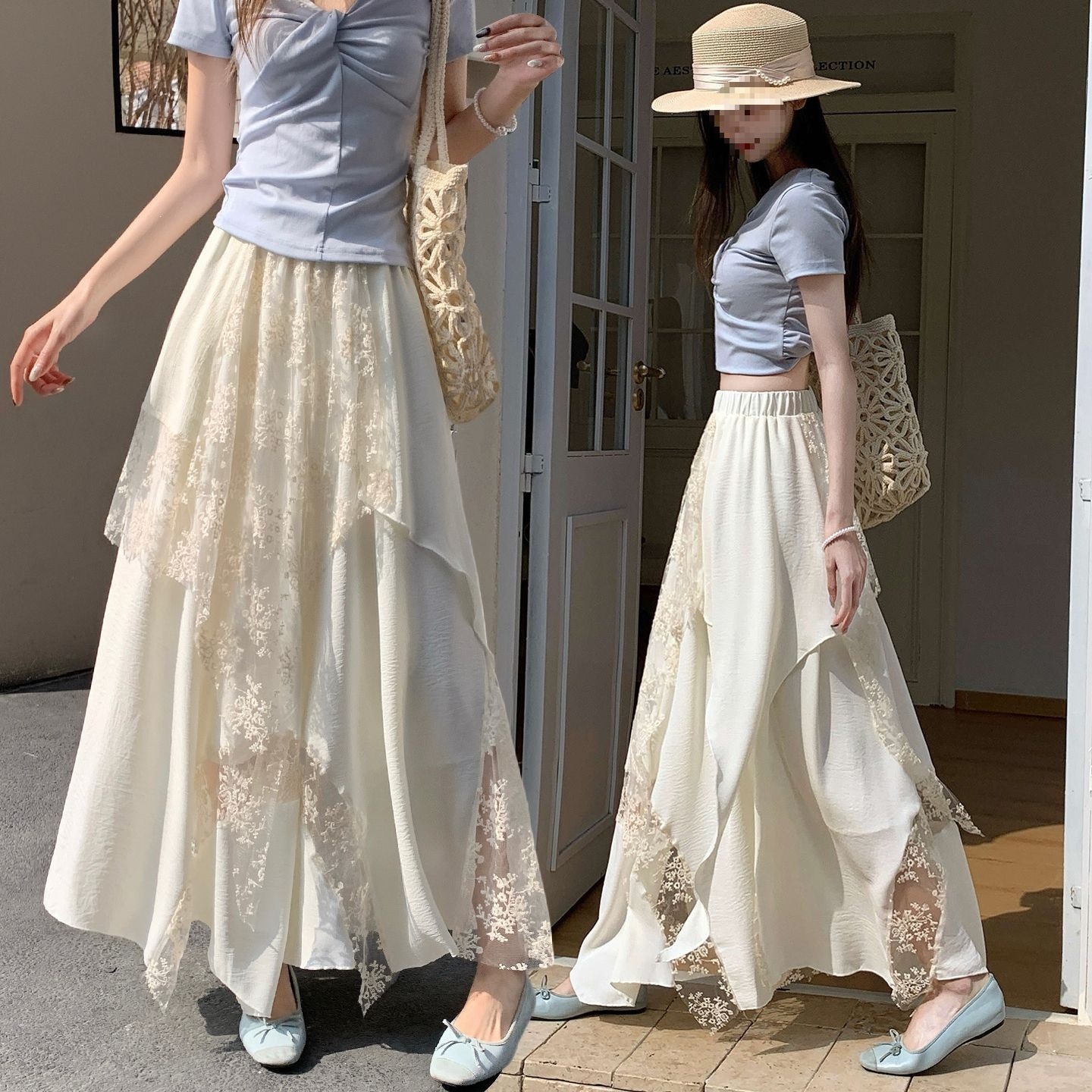 extra-long white lace design long skirt