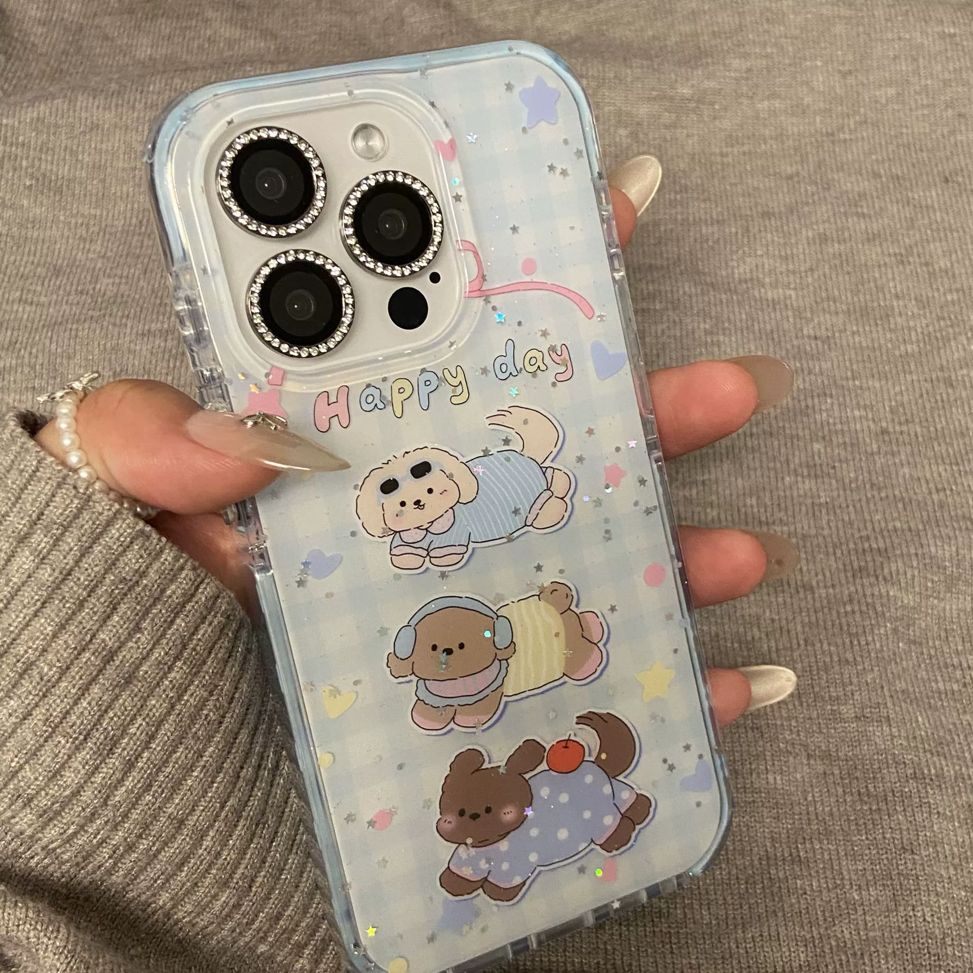 Милый музыкальный щенок-подслушиватель подходит для чехла iPhone16pro мобильного телефона 15 личность 14 блесток звезды 13 капель клея корейский