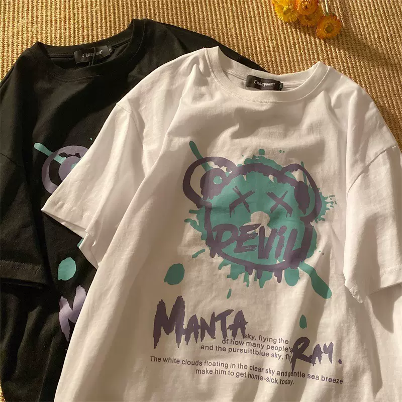 抗皱不起球2023夏装新款网红同款卡通涂鸦情侣装T恤女ins潮流上衣