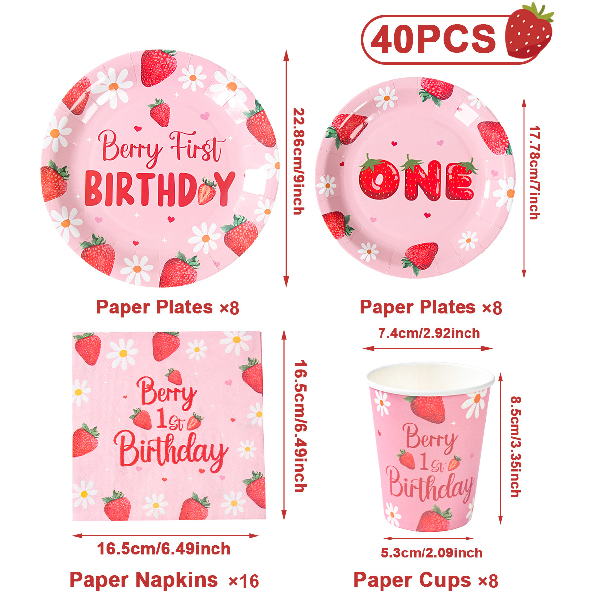 Fiesta temática de fresa chica rosa fruta cumpleaños vasos de papel desechables bandejas de papel cubiertos set decoración de mesa