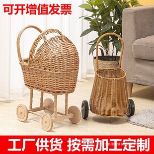 Wicker Baby Stroller Toy with Wheels, Wicker Crafts Stroller, Foreign Trade Wicker Product Processing