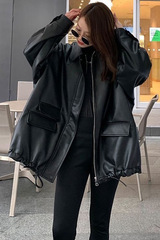 2025年新款oversize设计感秋装宽松皮衣外套女黑色pu机车港风大码