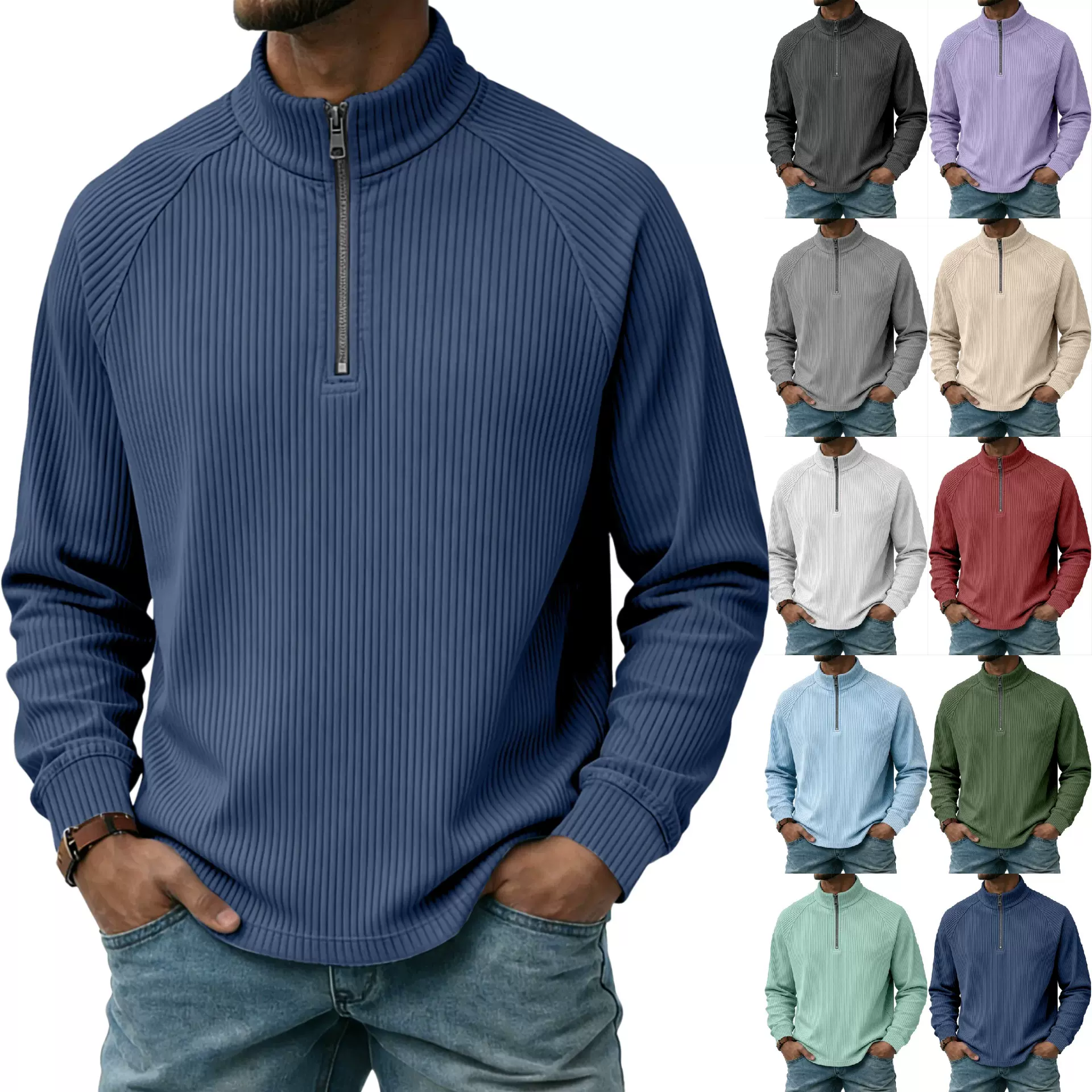亚马逊跨境欧美新款男士立领半拉链宽松长袖T恤插肩套头休闲衬衫
