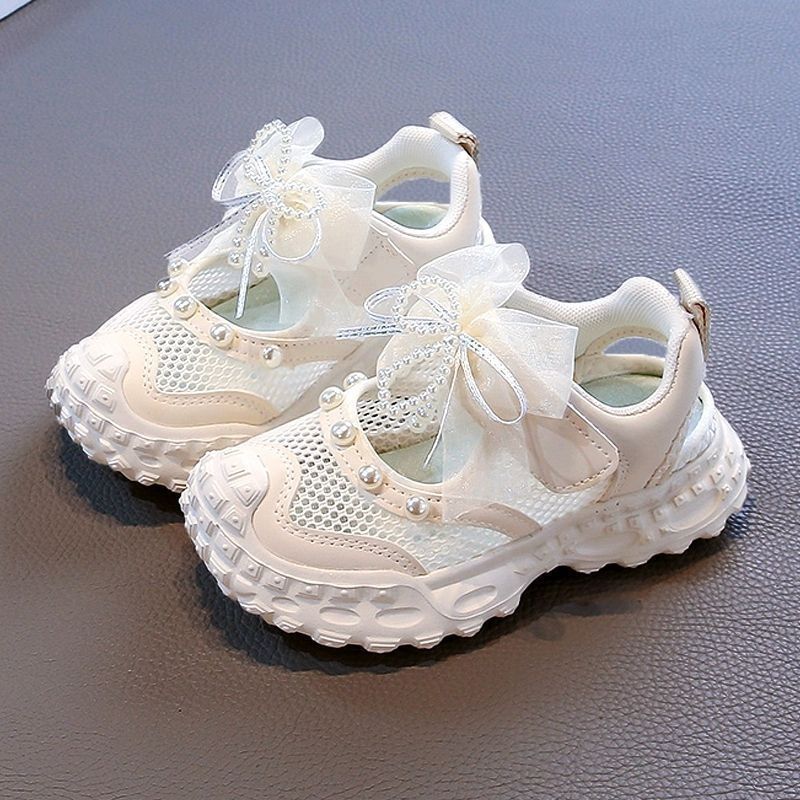 Sandalias deportivas para niñas, estilo verano 2026, zapatos de malla hueca para niños con lazo de perlas, zapatos de moda estilo papá.