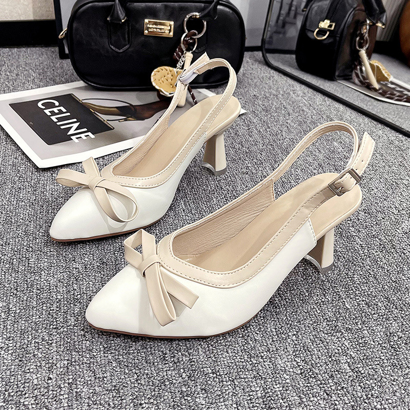 法式绸缎蝴蝶结高跟鞋小众设计感粗跟高跟单鞋中空包头百搭凉鞋