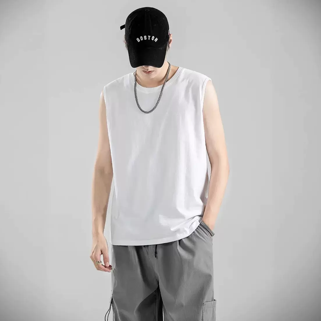 重磅220g无袖T恤男士新款美式纯棉运动无袖t恤圆领纯色运动背心