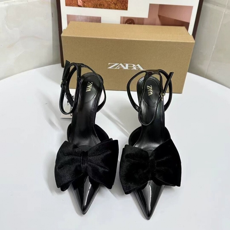 Za Spain 2025 Spring New Pointed Toe Shallow Women's Shoes Black Velvet Effect Bow-Decorated High-Heeled Sandals