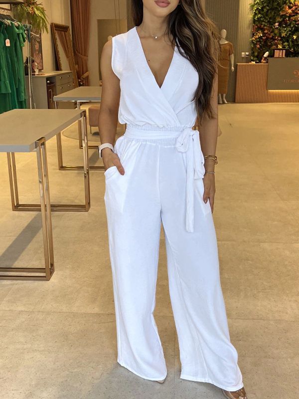 Ropa de mujer europea y americana 2024 primavera nuevo color sólido con cuello en V sin mangas con cordones cintura alta suelta pierna ancha Pantalones de mujer