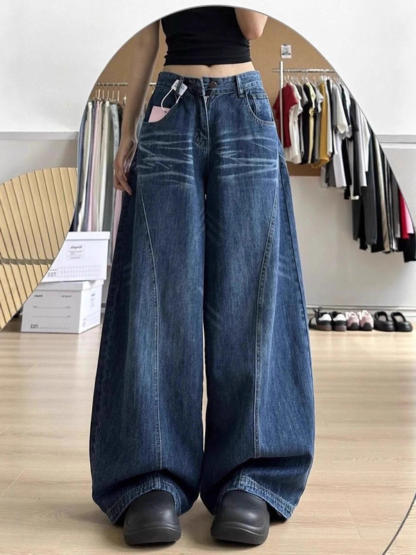 美式弯刀裤女秋款高个子牛仔2025新款垂感复古蓝工装高腰提臀秋款|undefined
