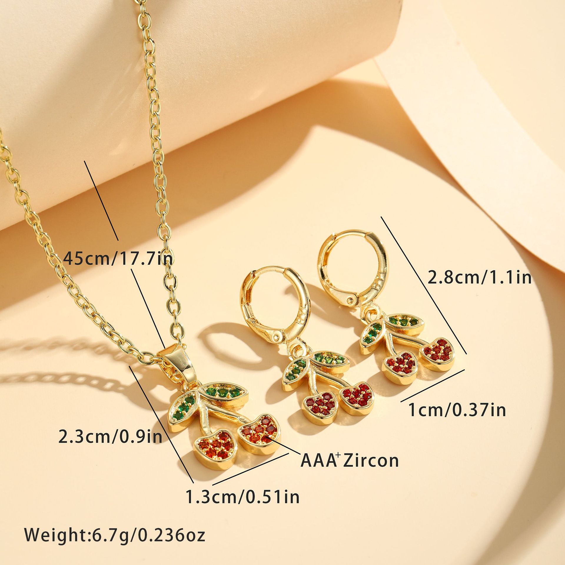 Nueva moda cobre dorado pendientes collares colgante cadena de clavícula fruta de cereza temperamento conjunto de joyas al por mayor