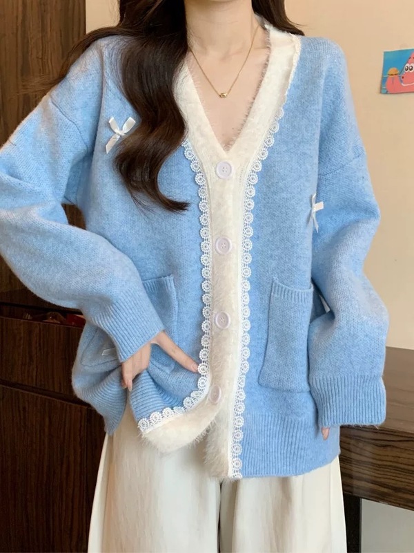 2025秋冬新款设计感蕾丝边V领毛衣外套宽松法式蝴蝶结针织开衫女|undefined