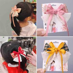 Korean Style Autumn and Winter Children's Bow Plaid Lace Ribbon Hairpin Top Clip Girl Student Princess Head Hair Accessories