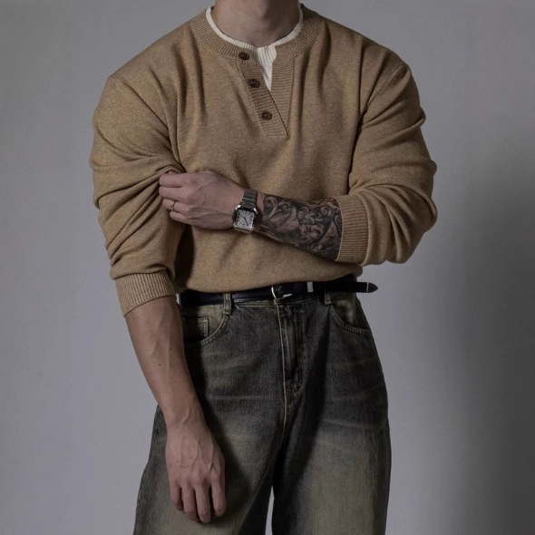 北极绒复古慵懒松弛感亨利领毛衣男秋冬简约百搭假两件针织衫上衣