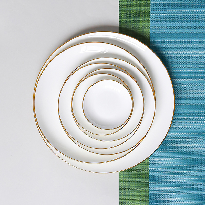 Jin Baijia Placa de porcelana de hueso de oro filete plato plano plato de merienda plato doméstico blanco borde de oro plato de cerámica de comida occidental