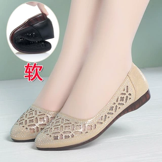 夏季镂空凉鞋真皮平底网纱女鞋软底舒适防滑牛筋底妈妈鞋网面单鞋
