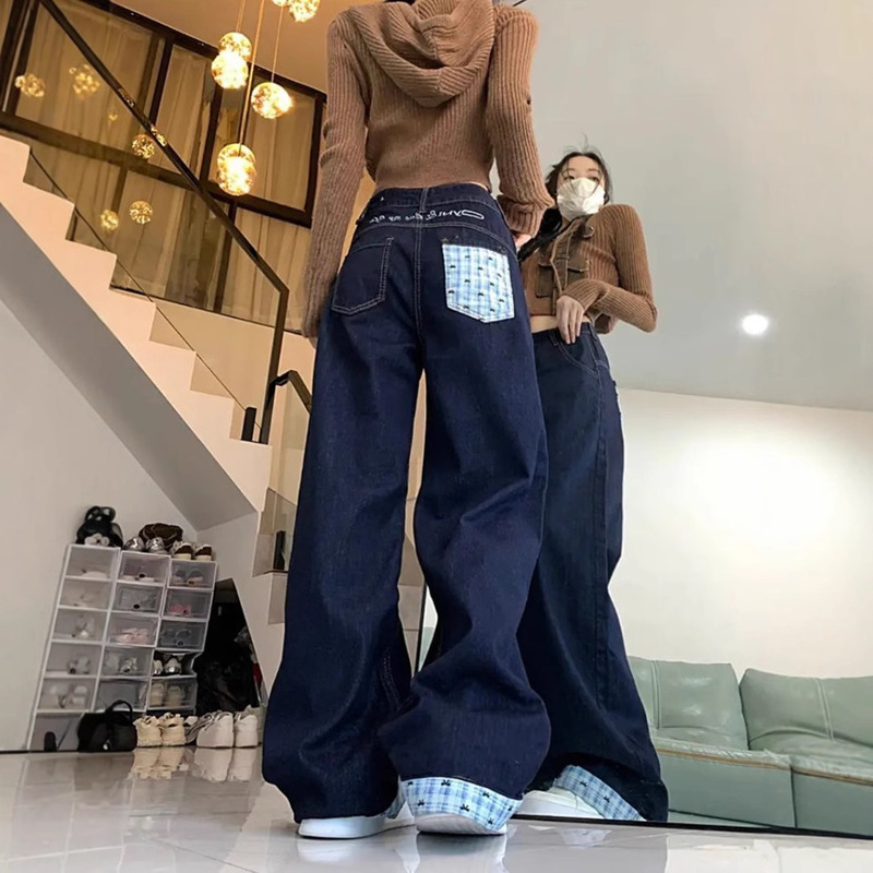 プラスサイズファットmmアメリカンレトロチェック柄スプライシングジーンズ女性用春の新作ルーズスリミングワイドレッグフロアレングスパンツ|undefined