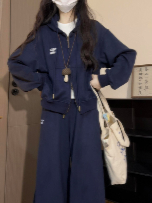 纯棉时尚减龄休闲运动服套装女秋季韩系连帽卫衣阔腿裤学生两件套|undefined