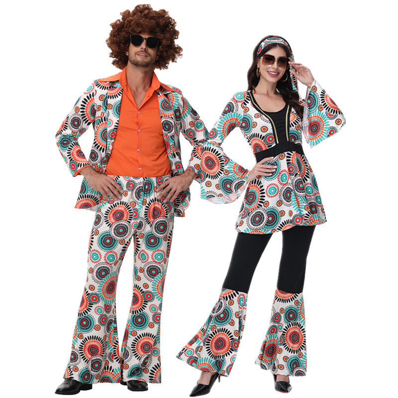 Cross-Border European and American 70S Hippie Clothing Fashion Printed Couple Retro Disco Clothing Halloween Party Dress Cross-Border European and American 70S Hippie Clothing Fashion Printed Couple Retro Disco Clothing Halloween Party Dress