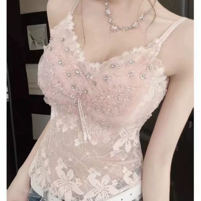 Новый стиль, чистая страсть, сексуальное кружево, расшитое бисером, красивая женская майка на бретельках сзади, летний дизайн, универсальный верхний топ