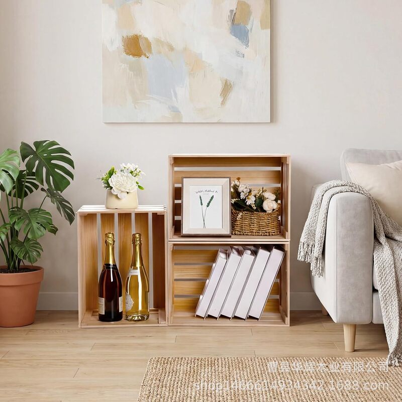 Natural wood color solid wood storage basket with handle, hollowed-out wooden frame, vintage wooden crate for home living room storage