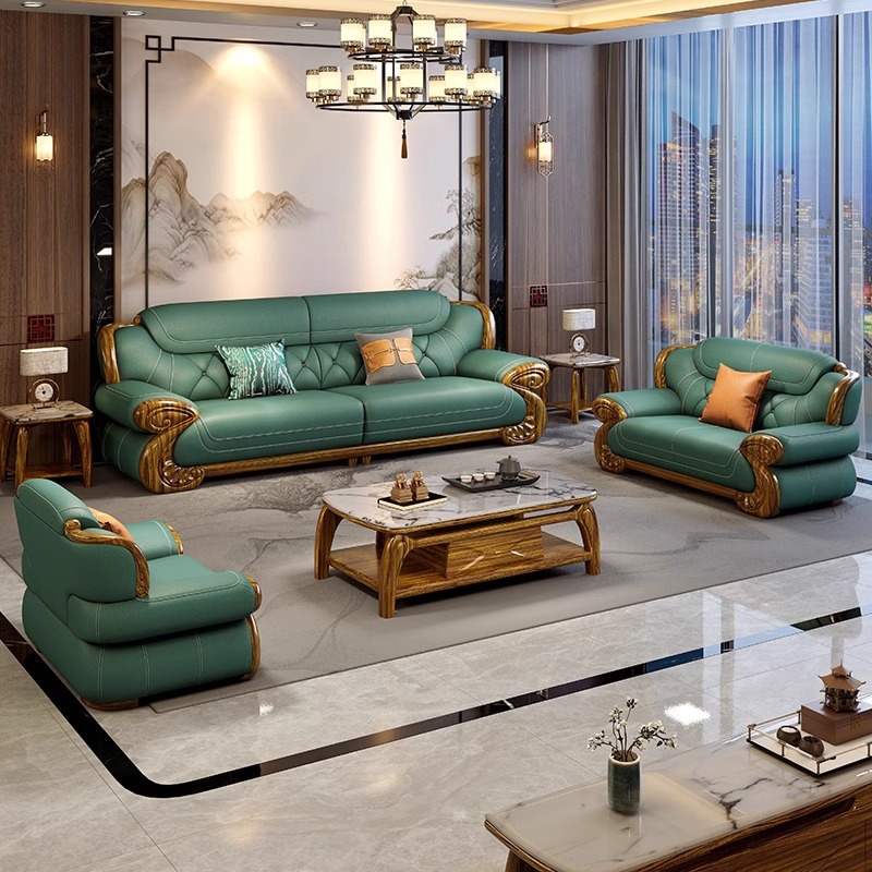 新中式乌金木真皮沙发高端别墅大户型平层客厅实木现代头层厚牛皮