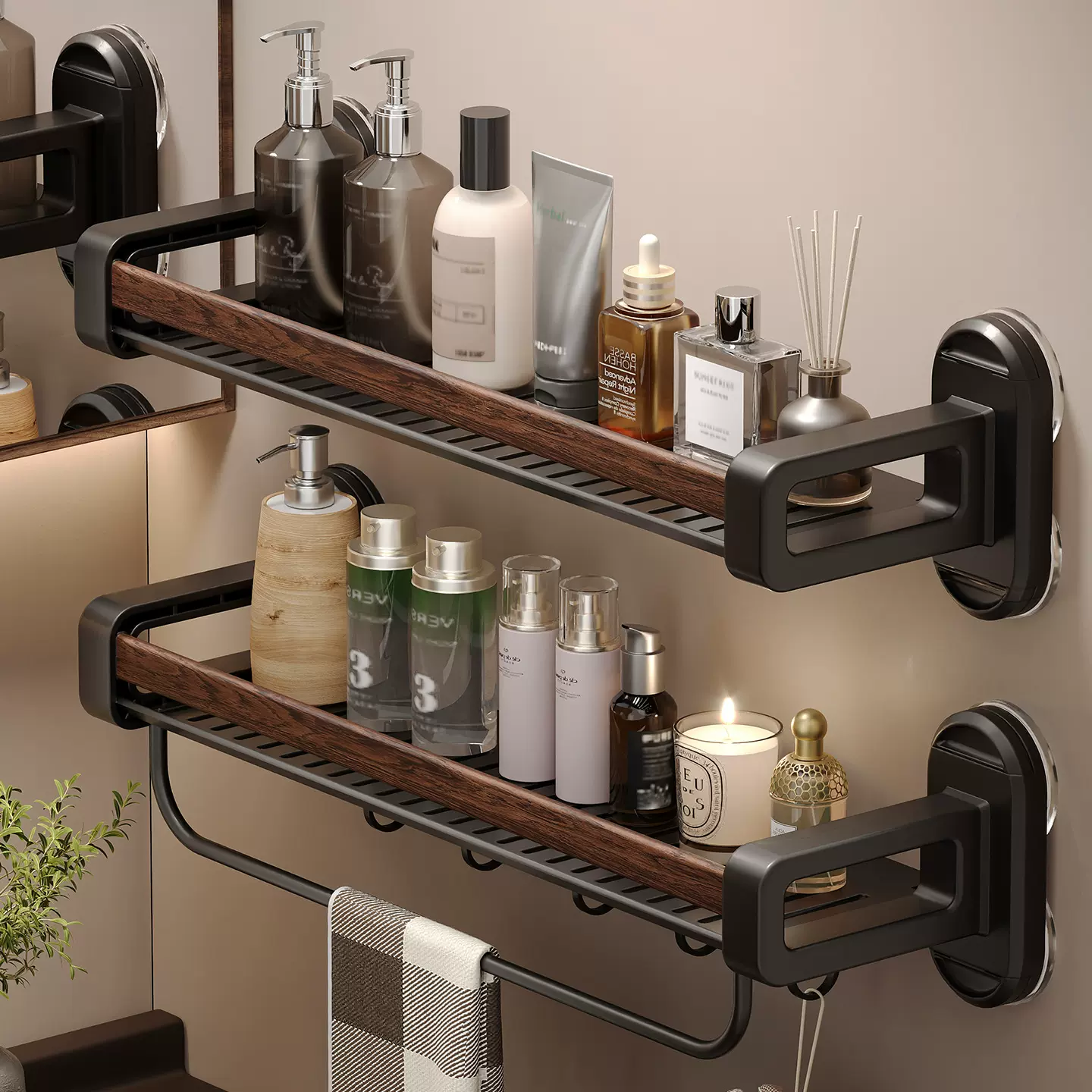 胡桃木新款双吸盘厨房置物架多功能免打孔壁挂墙上调料品收纳架子