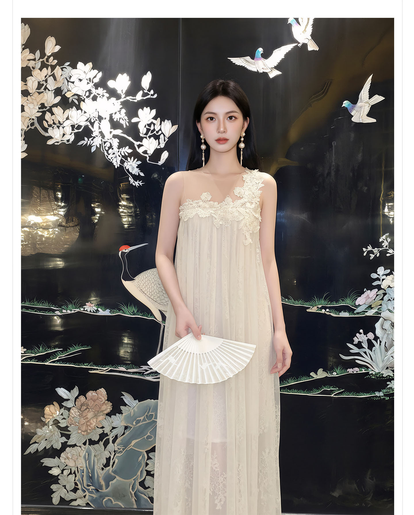 Đầm maxi nữ thắt eo ren hoa nổi lãng mạn phong cách nghỉ dưỡng — màu trắng ngà chi tiết 5