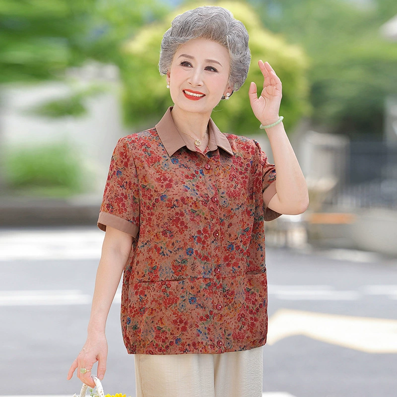 Летние рубашки с лацканами для женщин среднего и пожилого возраста, топы с короткими рукавами для бабушек, одежда для мам, свободные рубашки-кардиганы с принтом большого размера.