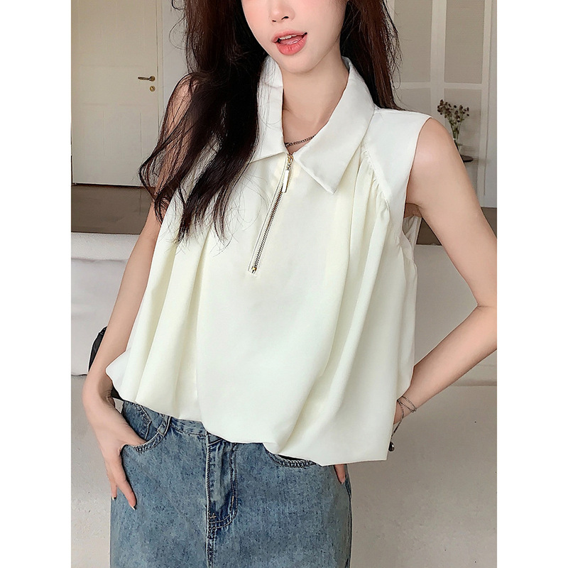 Elegant POLO Collar Zipper Loose Vest Outerwear 2024 Summer New Niche Chic Fluffy Sleeveless Top