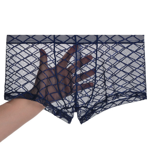 Junye men's mesh transparent underwear thin plaid sexy U convex bag boxer briefs breathable young men's pants