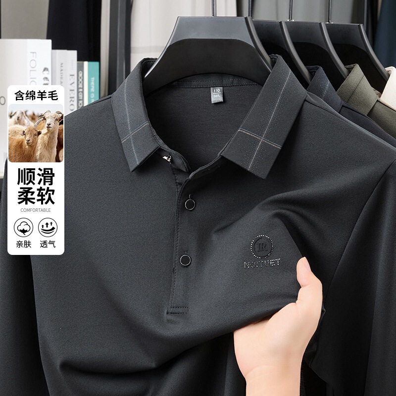 2025含羊毛长袖T恤男翻领休闲秋季透气印花爸爸装衣服中年男士T恤|undefined