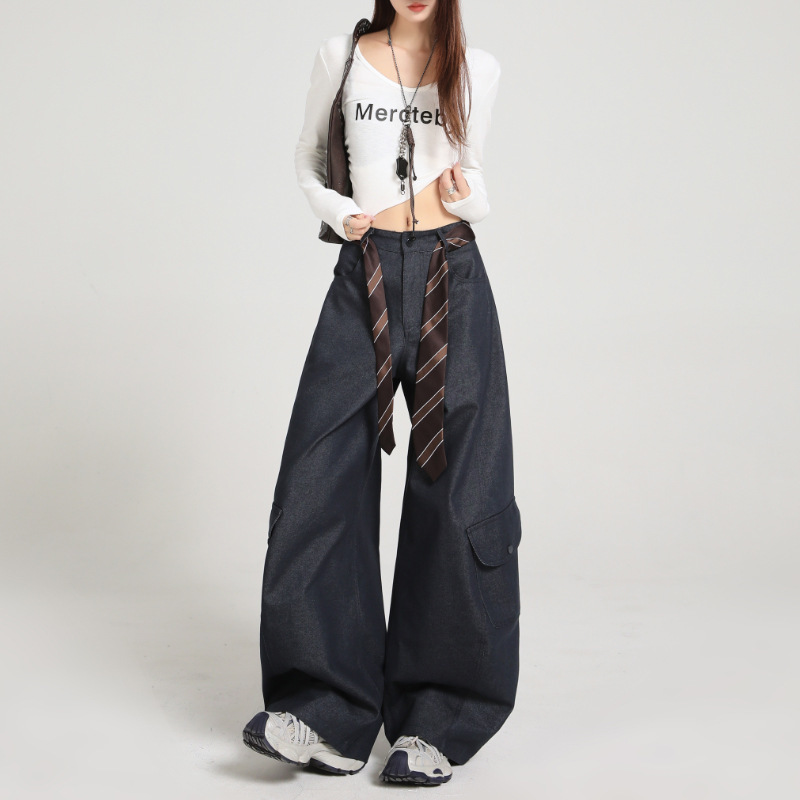 美式多口袋弯刀裤女2025秋季新款宽松显瘦百搭高腰阔腿工装休闲裤|undefined