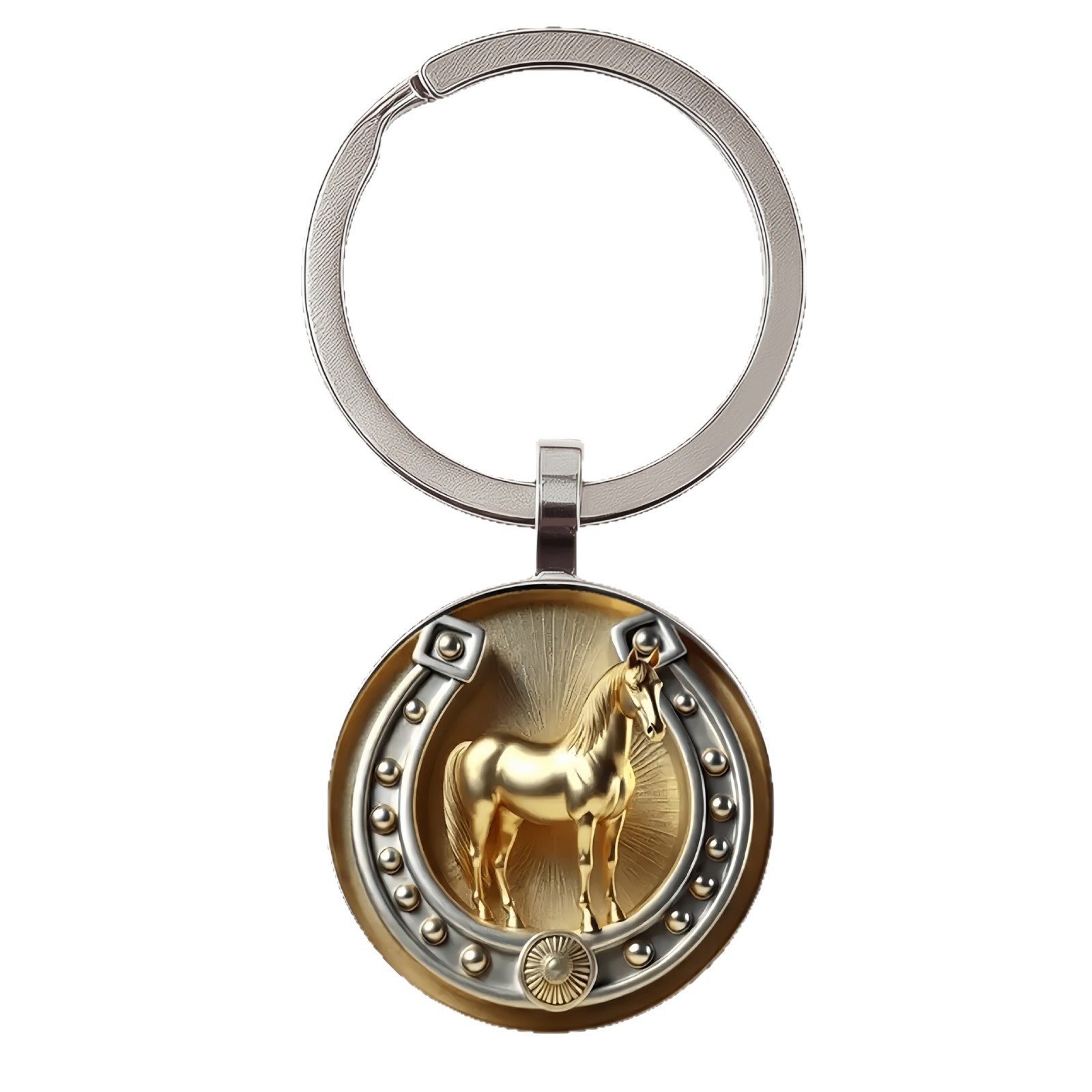 Ventas transfronterizas calientes de caballo de oro y herradura de caballo llavero colgante de vidrio accesorios llavero de aleación de moda