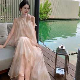 新中式国风复古扎染油画挂脖上衣女夏季高腰宽松半身裙两件套装女