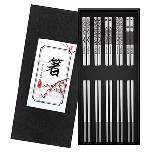 亚马逊跨境304不锈钢方形筷子全方筷5双礼盒装 防滑筷子礼品套装