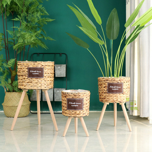 Nordic style creative wicker and grass basket wooden tall flower stand floor-standing indoor living room decoration pothos plant pot