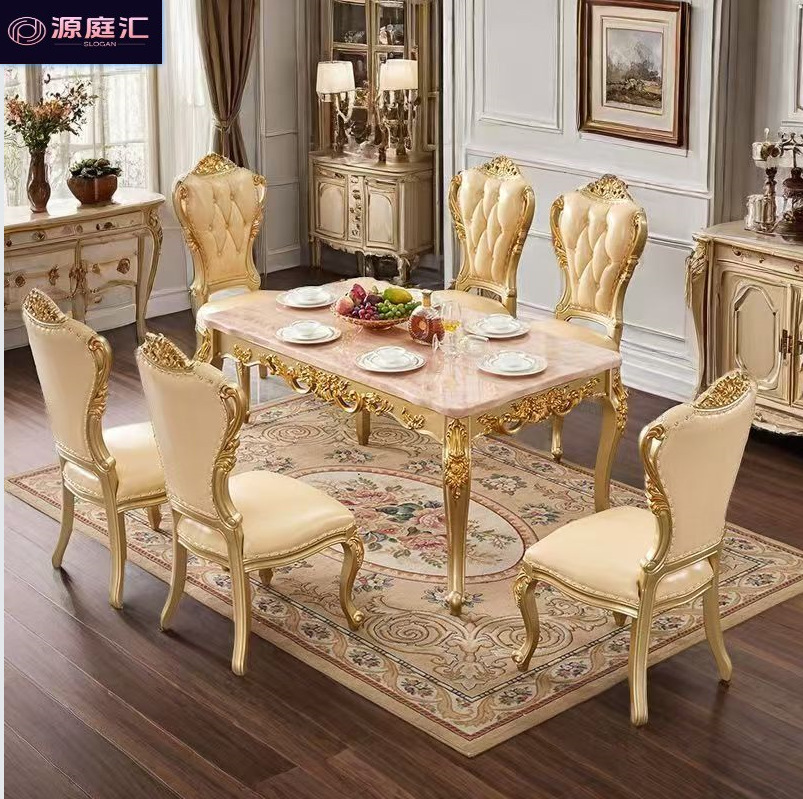 European-Style Rectangular Dining Table, Marble Table, Luxury Dining Table for Home Use, Luxurious One Table and Six Chairs, Long Table, Square Wooden Table