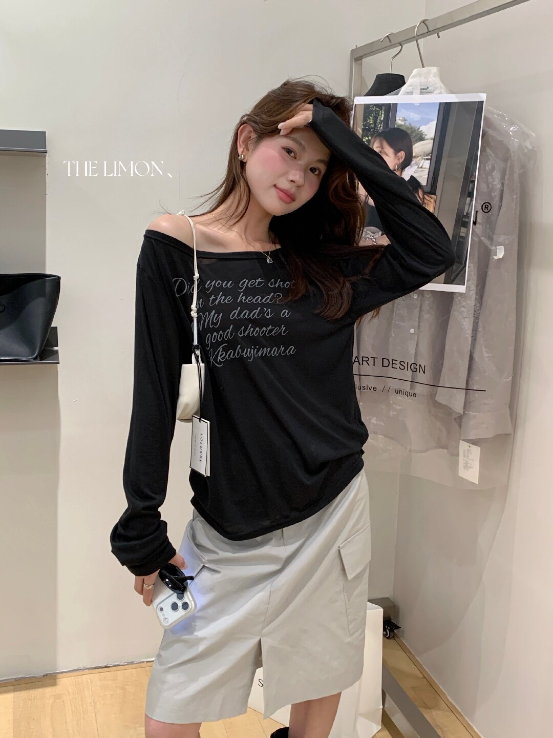 Áo thun nữ tay dài cổ tròn in chữ, phong cách Hàn Quốc, chất liệu cotton thoáng mát — màu đen, màu trắng, màu xám, màu vàng chi tiết 77